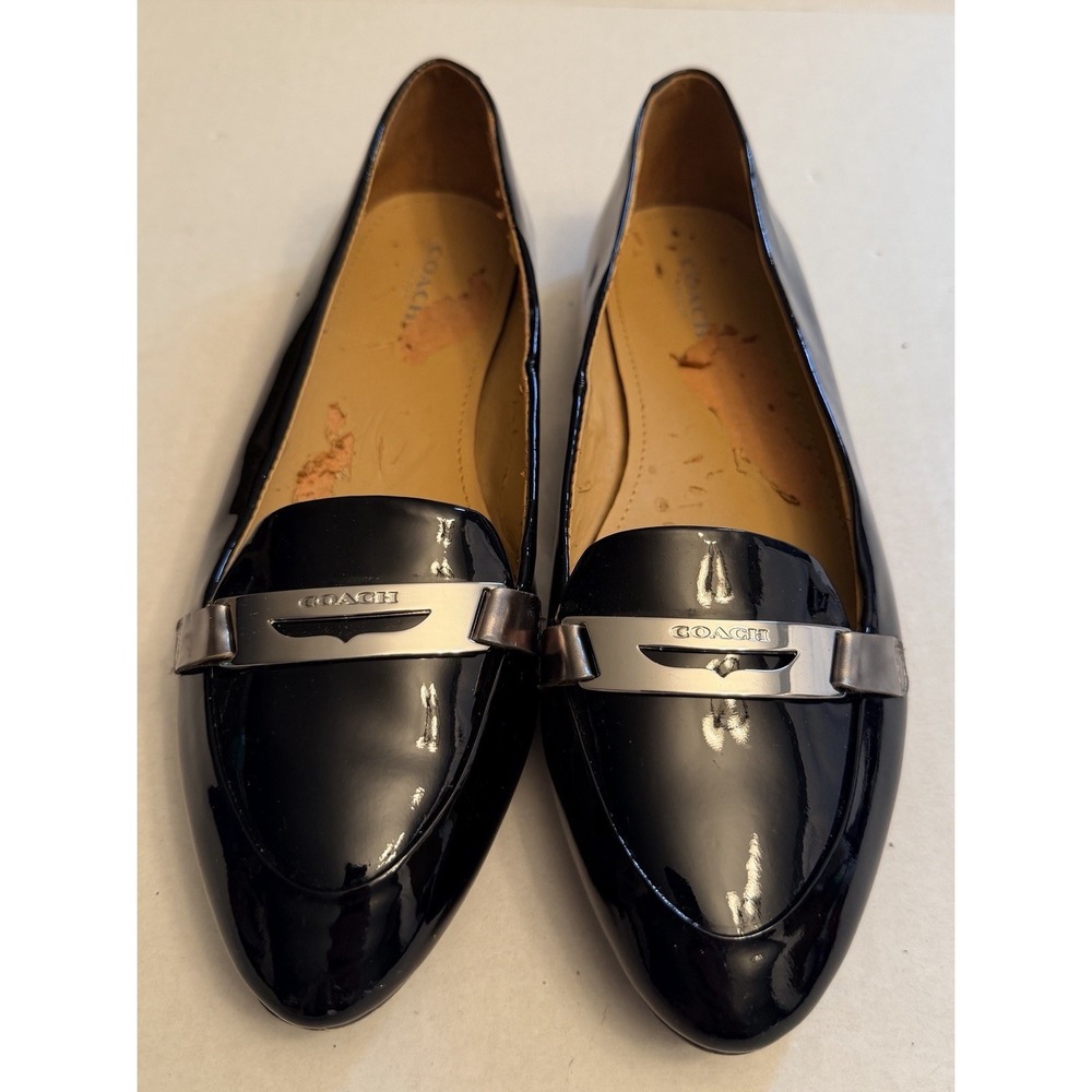 Coach Size 8.5 B Black Patent Leather Ruthie Flat Loafers Shoes Silver Buckle